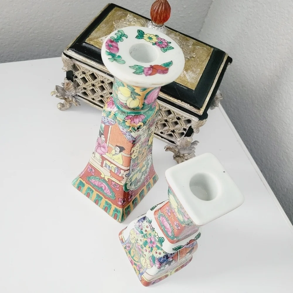 Vintage Yin Lin Art & Treasure of China set  2 candle holders.Asian/Multicolored - Picture 3 of 9